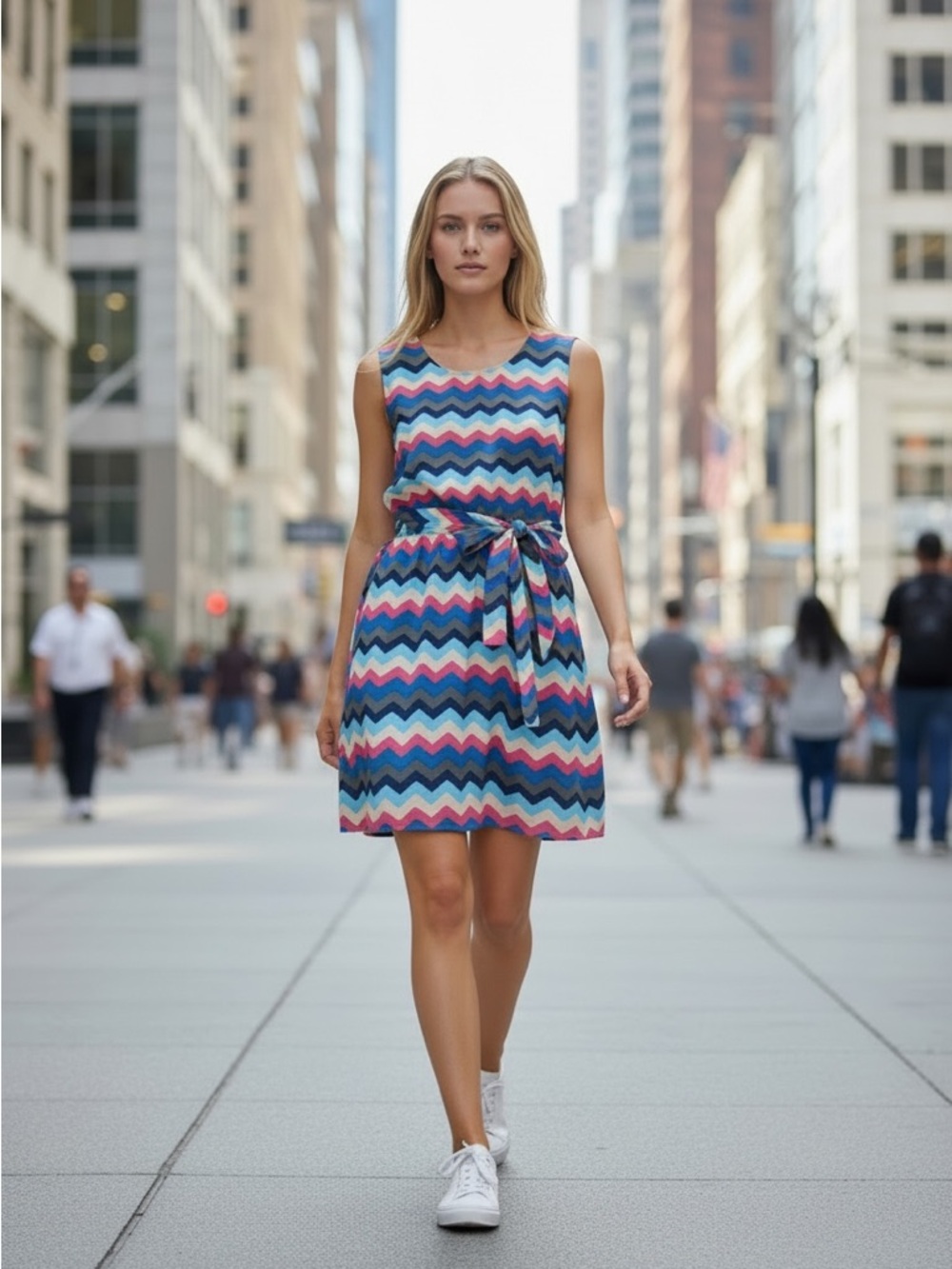 Sleeveless Chevron Tie-Waist Dress in Blue and Pink